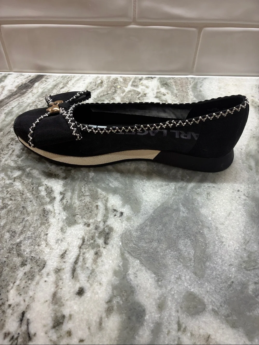 Karl Lagerfeld Black Ballet Flats with Chain-Trim Bow